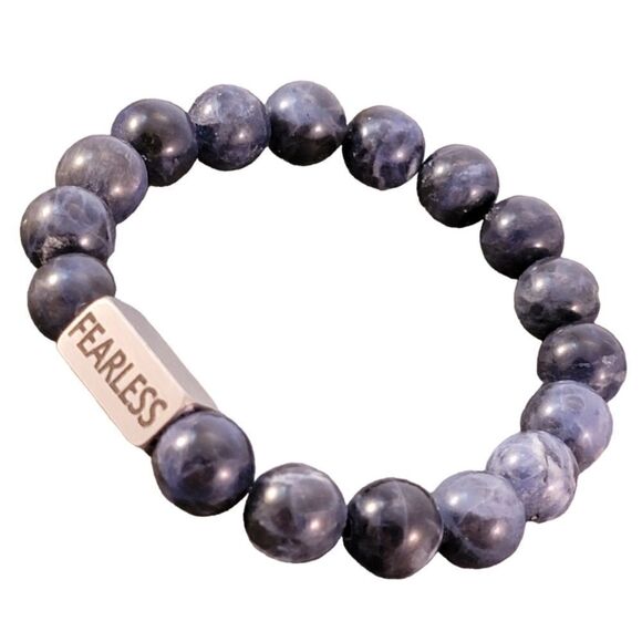 New Custom Word Engraved Silver & Dark Blue Soladite Beaded Stretch Brac… - Picture 5 of 7